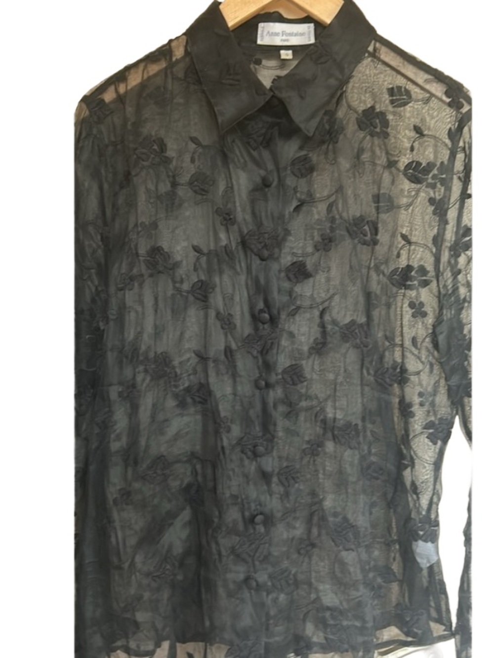 VTG Anne Fontaine NWOT Sheer Silk Organza Blouse w/Tonal Embroidery and Appliqué